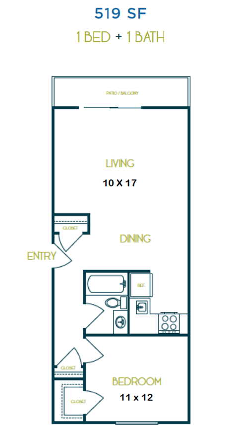 A floor plan for a 519 SF apartment with one bed and one bath.